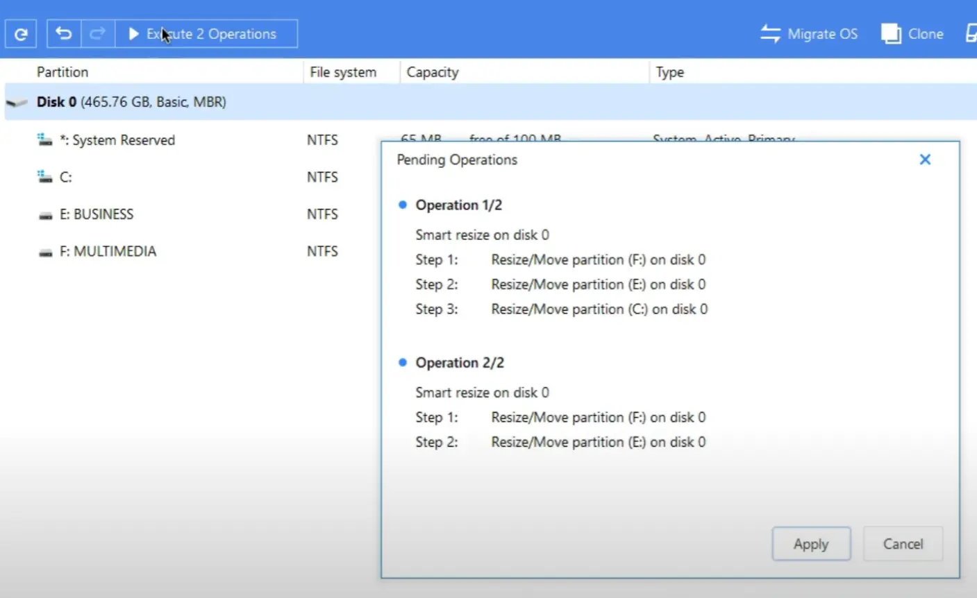 easeus partition master execute operations